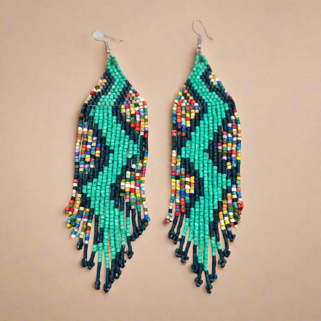 Beaded Fringe Earrings in Boho Zig Zag Design