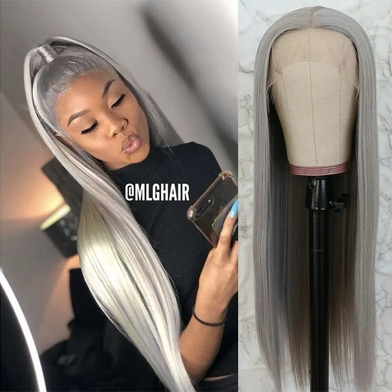 BOGO Grey Color Wig Straight Human Hair Wig Transparent HD Lace Front Wigs