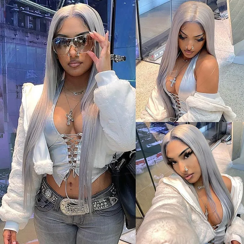 BOGO Grey Color Wig Straight Human Hair Wig Transparent HD Lace Front Wigs