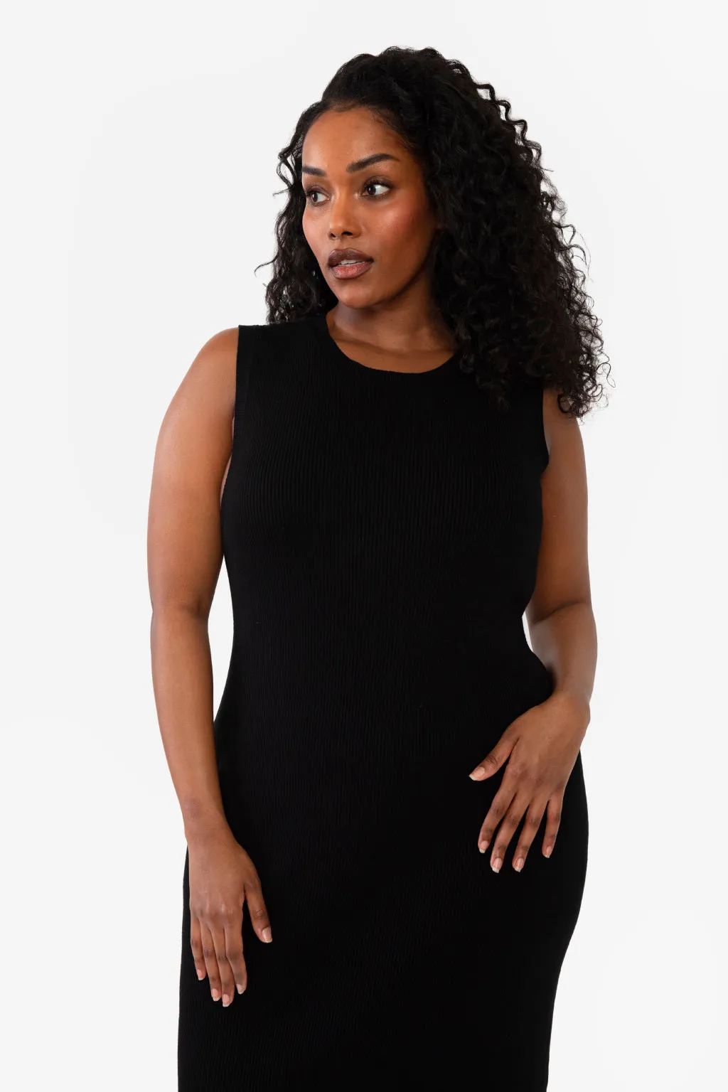 CAITLIN SLEEVELESS RIB DRESS - CHARCOAL HEATHER GREY