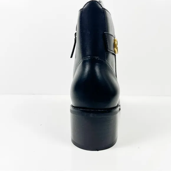 Cole Haan Womens Holis Black Leather Gold Logo Side Buckle Heeled Ankle Boot 9.5