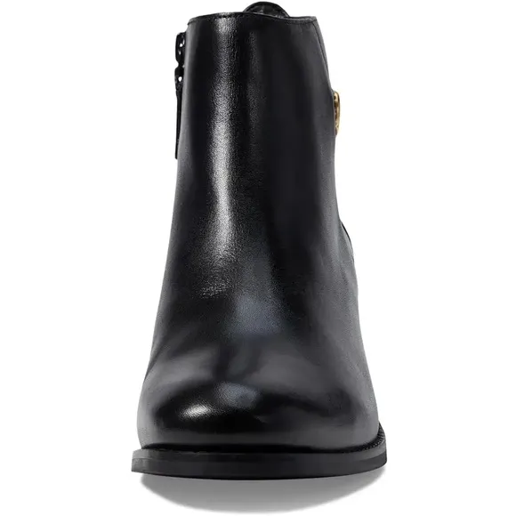 Cole Haan Womens Holis Black Leather Gold Logo Side Buckle Heeled Ankle Boot 9.5