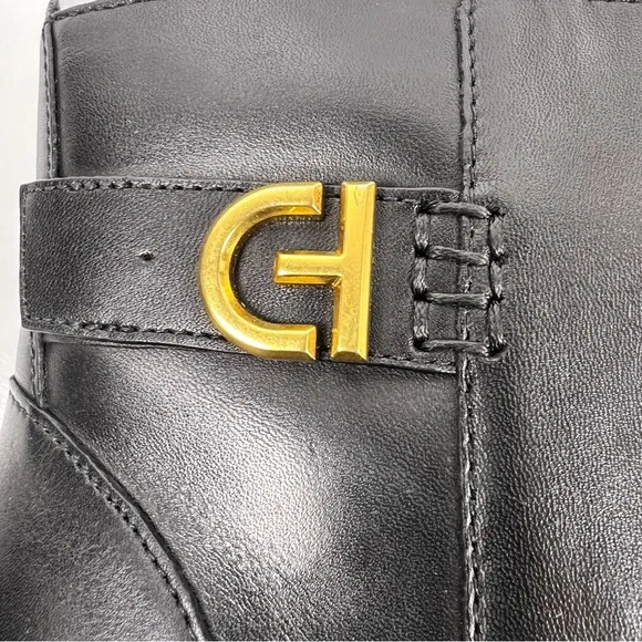 Cole Haan Womens Holis Black Leather Gold Logo Side Buckle Heeled Ankle Boot 9.5