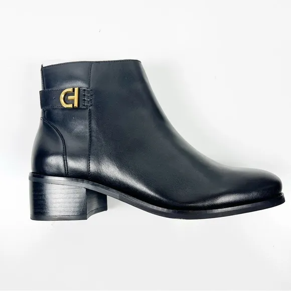 Cole Haan Womens Holis Black Leather Gold Logo Side Buckle Heeled Ankle Boot 9.5