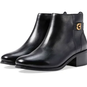 Cole Haan Womens Holis Black Leather Gold Logo Side Buckle Heeled Ankle Boot 9.5