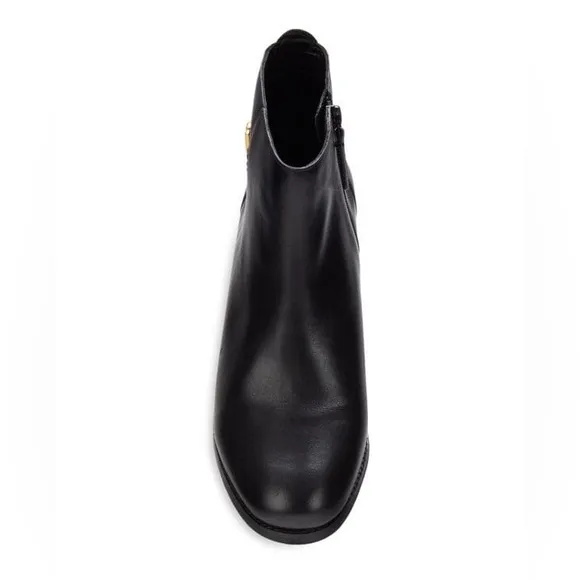 Cole Haan Womens Holis Black Leather Gold Logo Side Buckle Heeled Ankle Boot 9.5