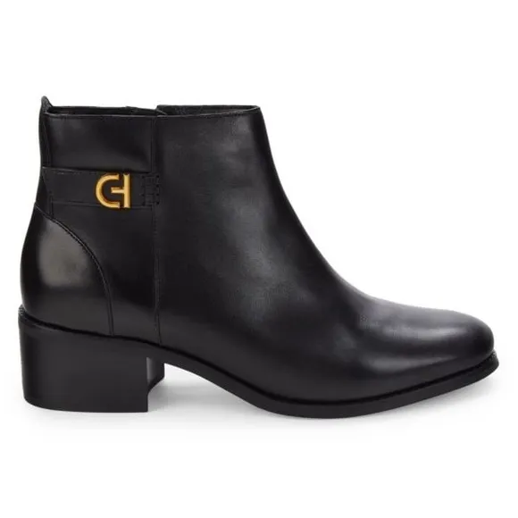 Cole Haan Womens Holis Black Leather Gold Logo Side Buckle Heeled Ankle Boot 9.5