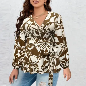 Euphoria Printed Wrap Peplum Long Sleeve Blouse