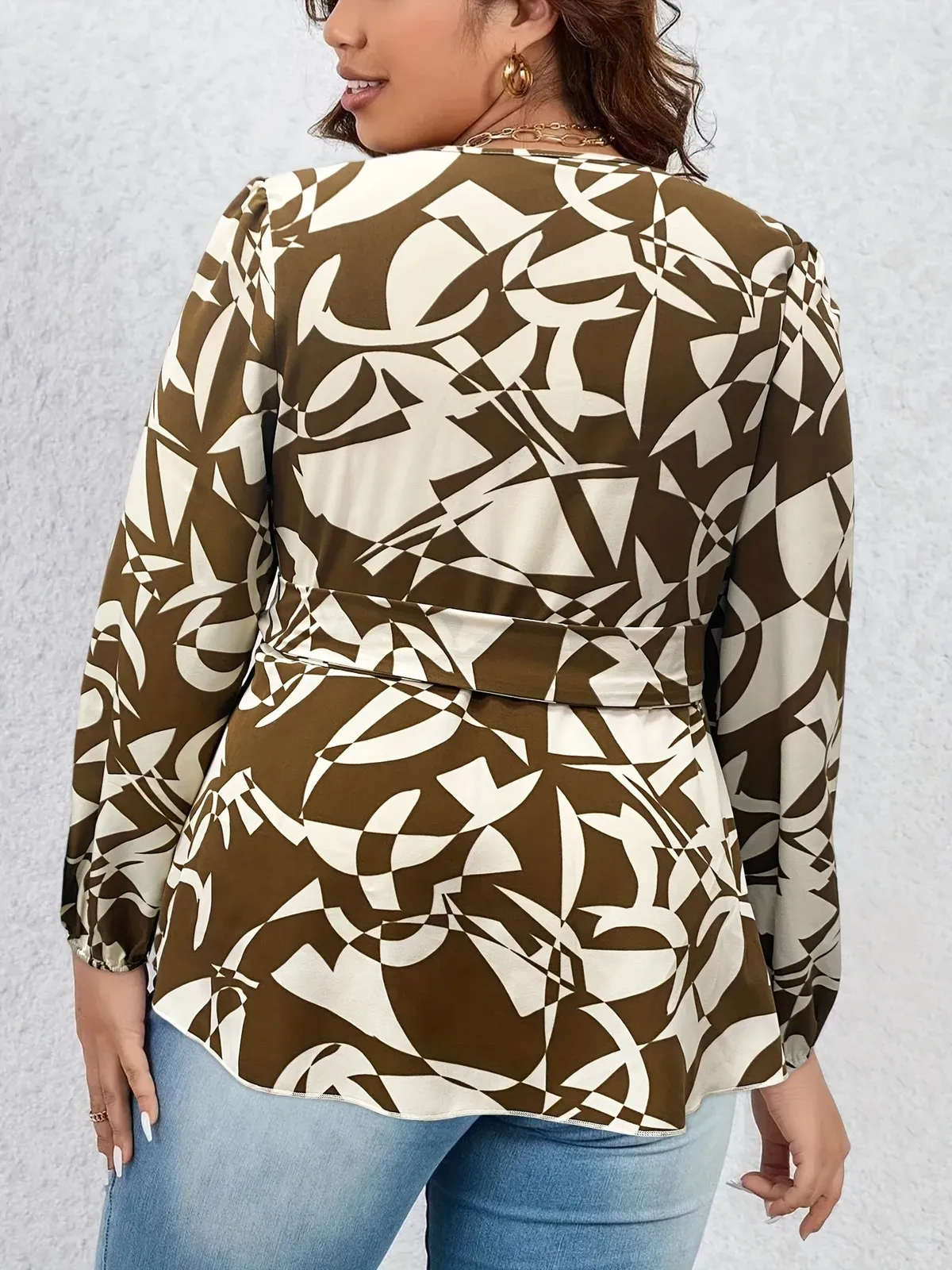 Euphoria Printed Wrap Peplum Long Sleeve Blouse