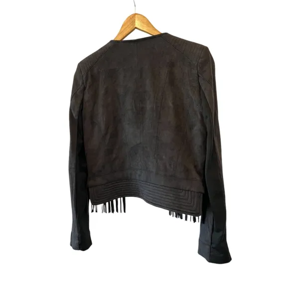 FATE Revolve Black Fringe Trim Faux Suede Asymmetrical Zip Lightweight Jacket S