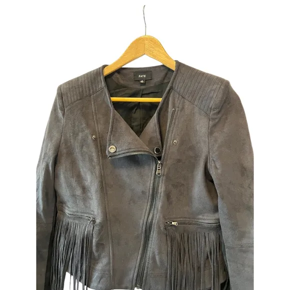 FATE Revolve Black Fringe Trim Faux Suede Asymmetrical Zip Lightweight Jacket S