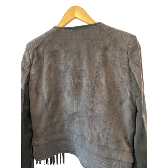 FATE Revolve Black Fringe Trim Faux Suede Asymmetrical Zip Lightweight Jacket S