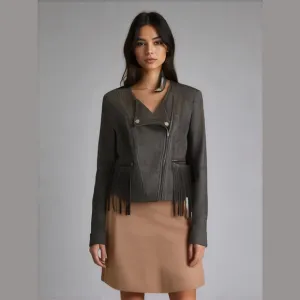 FATE Revolve Black Fringe Trim Faux Suede Asymmetrical Zip Lightweight Jacket S