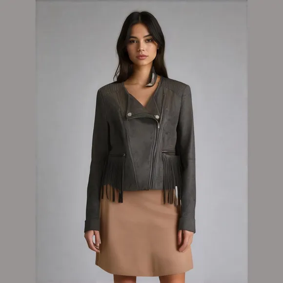FATE Revolve Black Fringe Trim Faux Suede Asymmetrical Zip Lightweight Jacket S