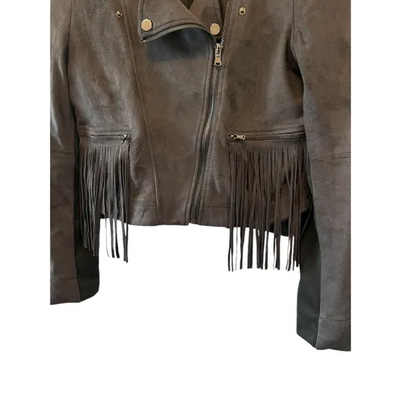 FATE Revolve Black Fringe Trim Faux Suede Asymmetrical Zip Lightweight Jacket S