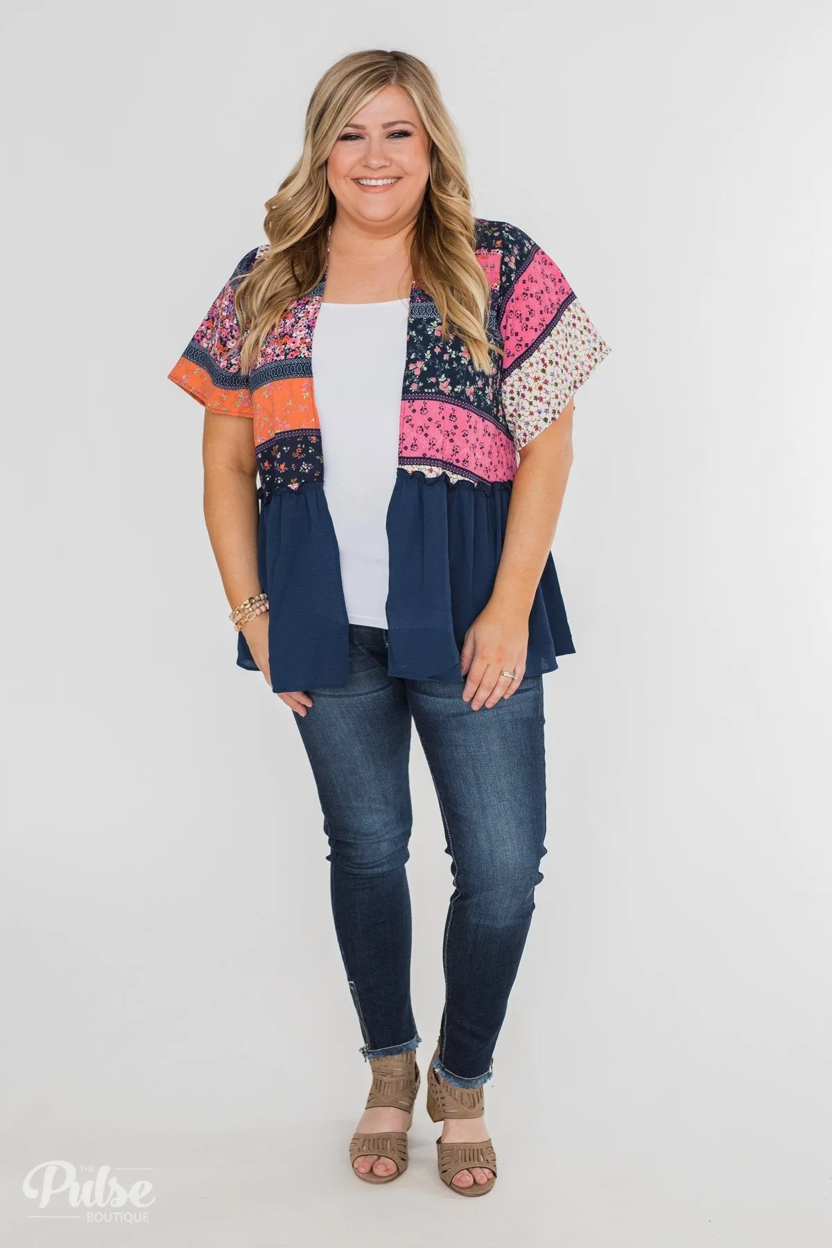 Floral Love Short Sleeve Kimono- Navy