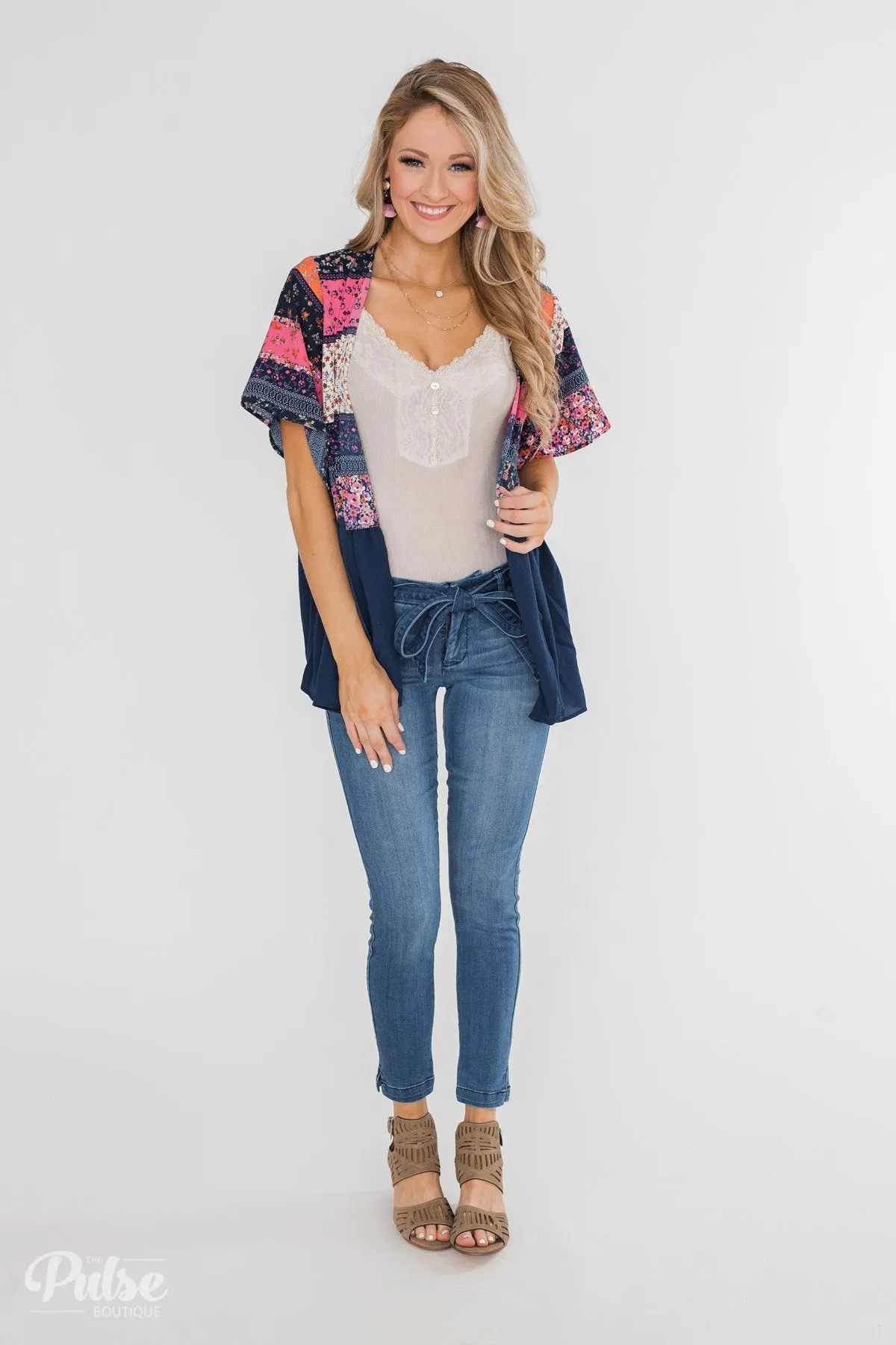 Floral Love Short Sleeve Kimono- Navy