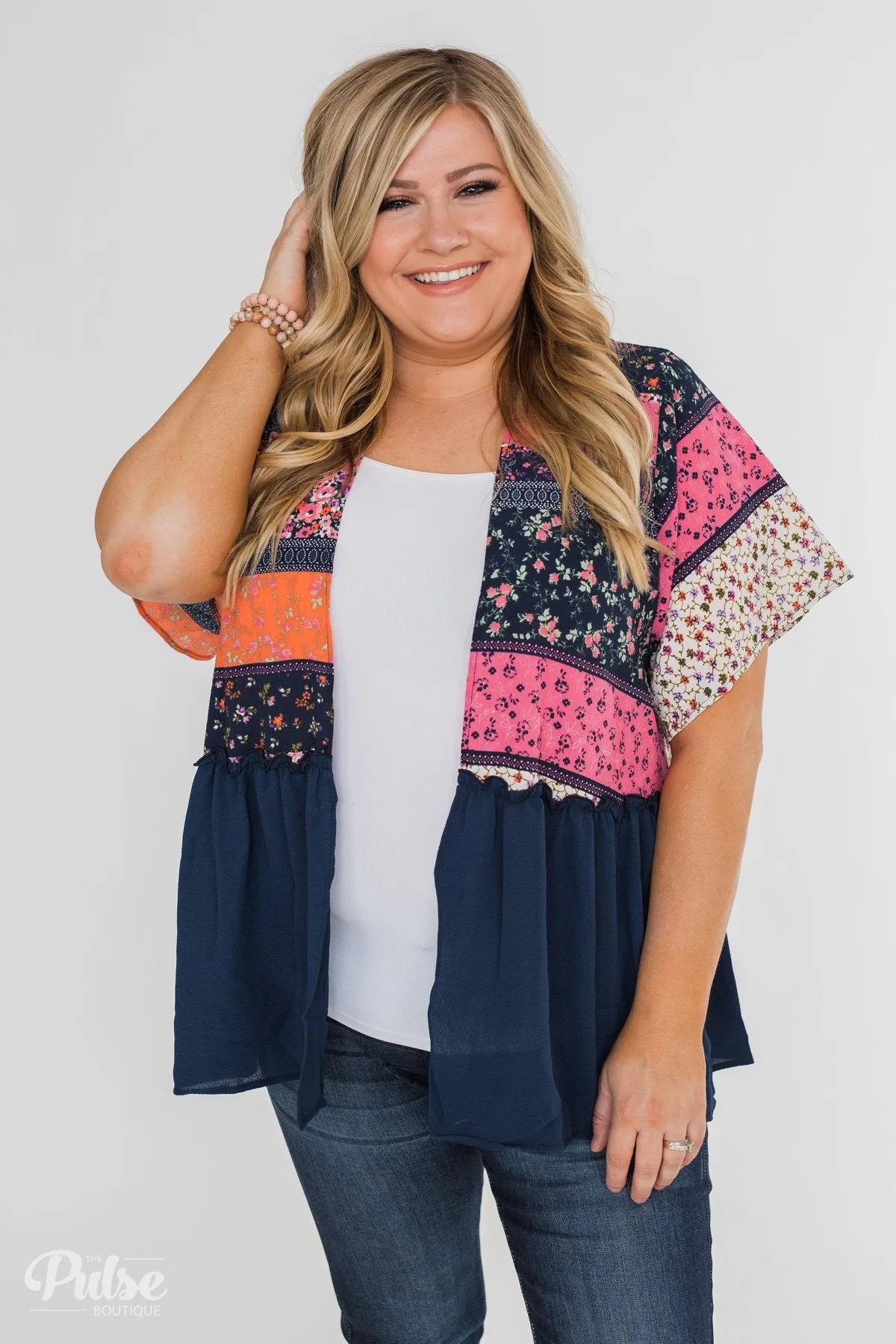 Floral Love Short Sleeve Kimono- Navy