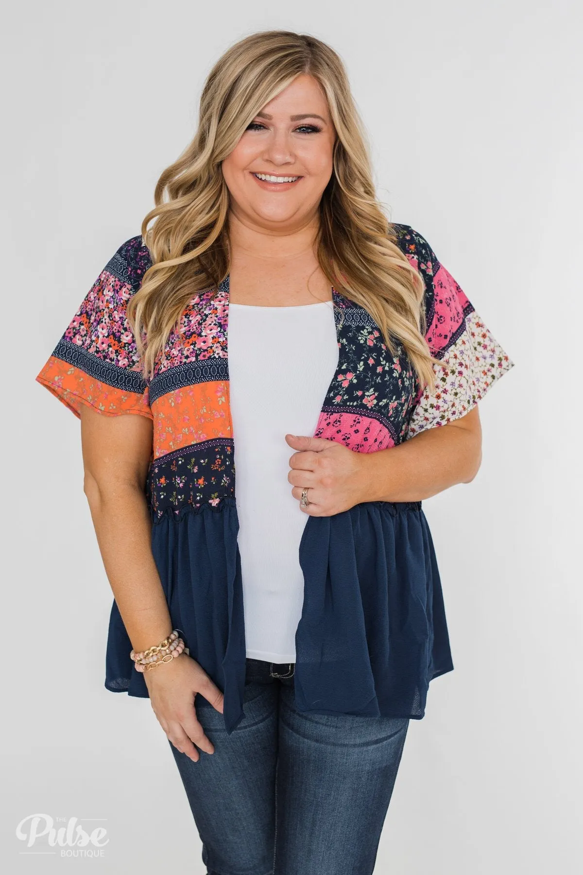 Floral Love Short Sleeve Kimono- Navy