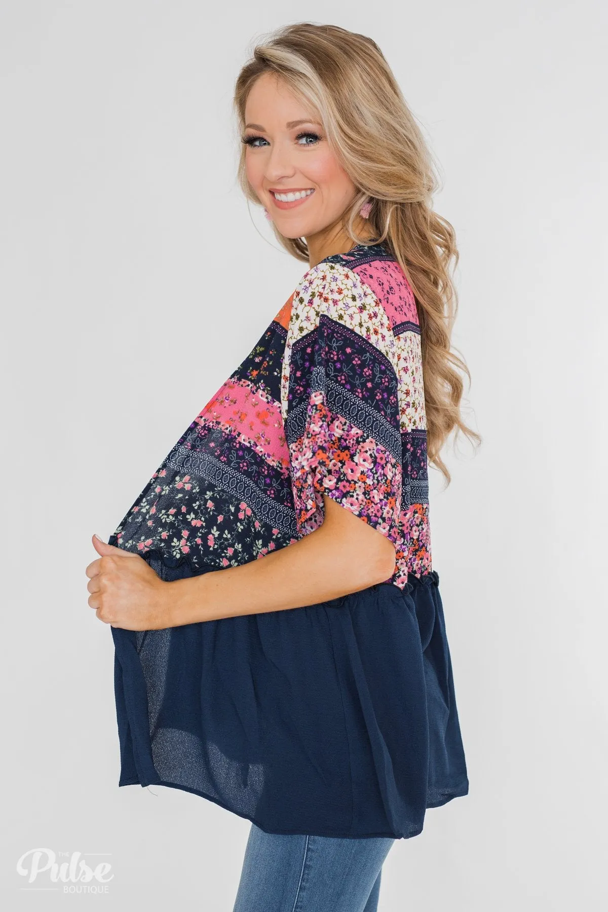 Floral Love Short Sleeve Kimono- Navy