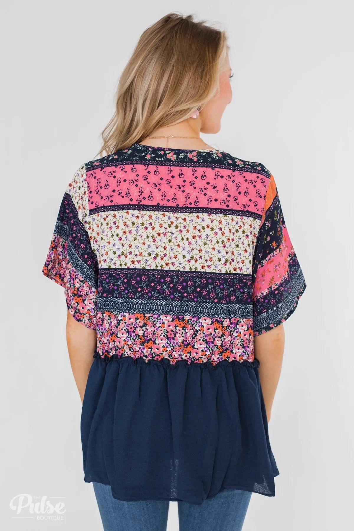 Floral Love Short Sleeve Kimono- Navy