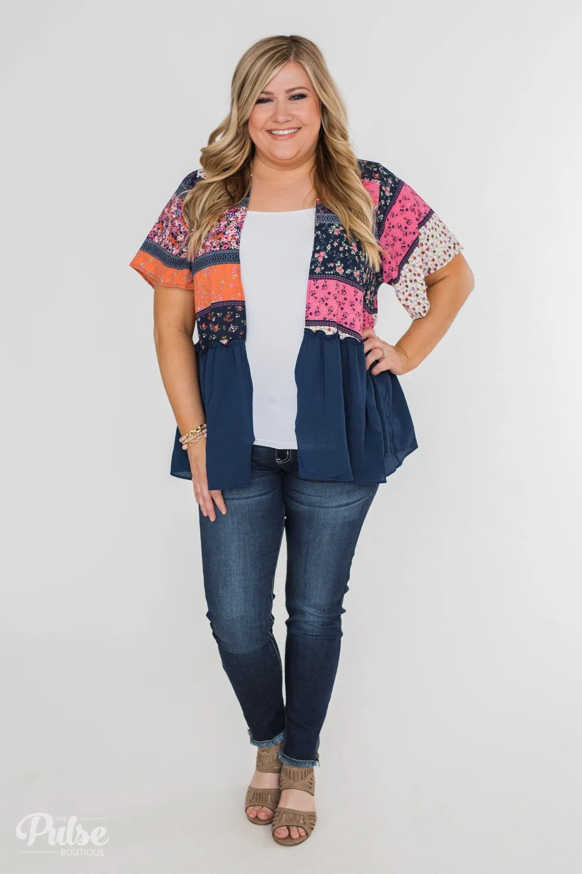 Floral Love Short Sleeve Kimono- Navy