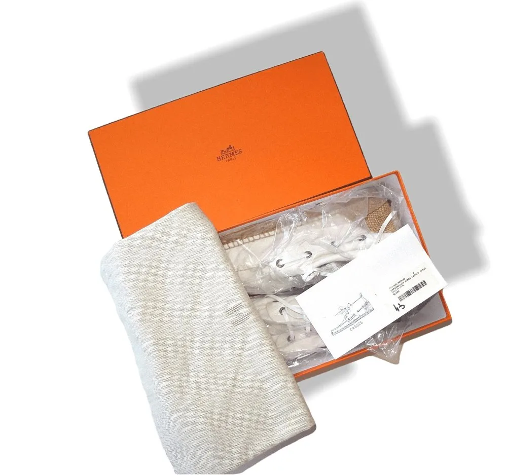Hermes White Canvas and Natural Cord Cassis Espadrilles Men Mid Shoes Sz43 NIB!