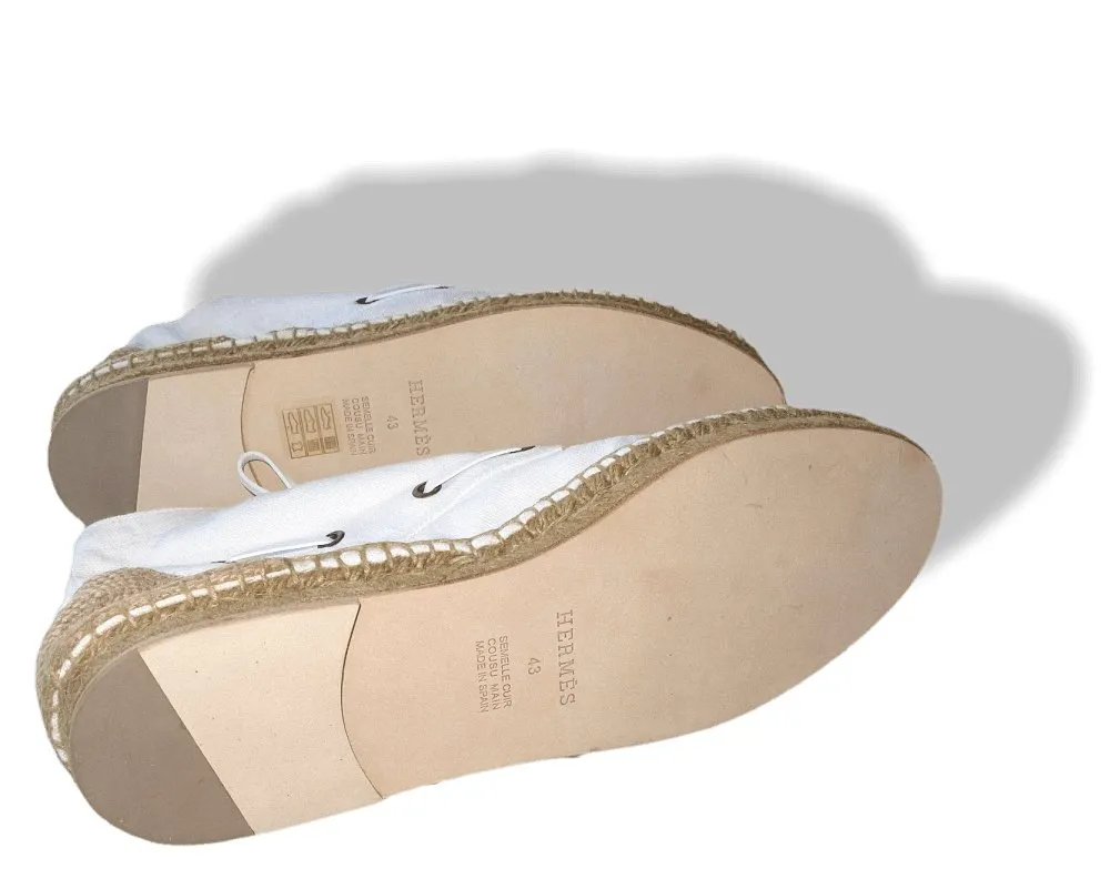 Hermes White Canvas and Natural Cord Cassis Espadrilles Men Mid Shoes Sz43 NIB!