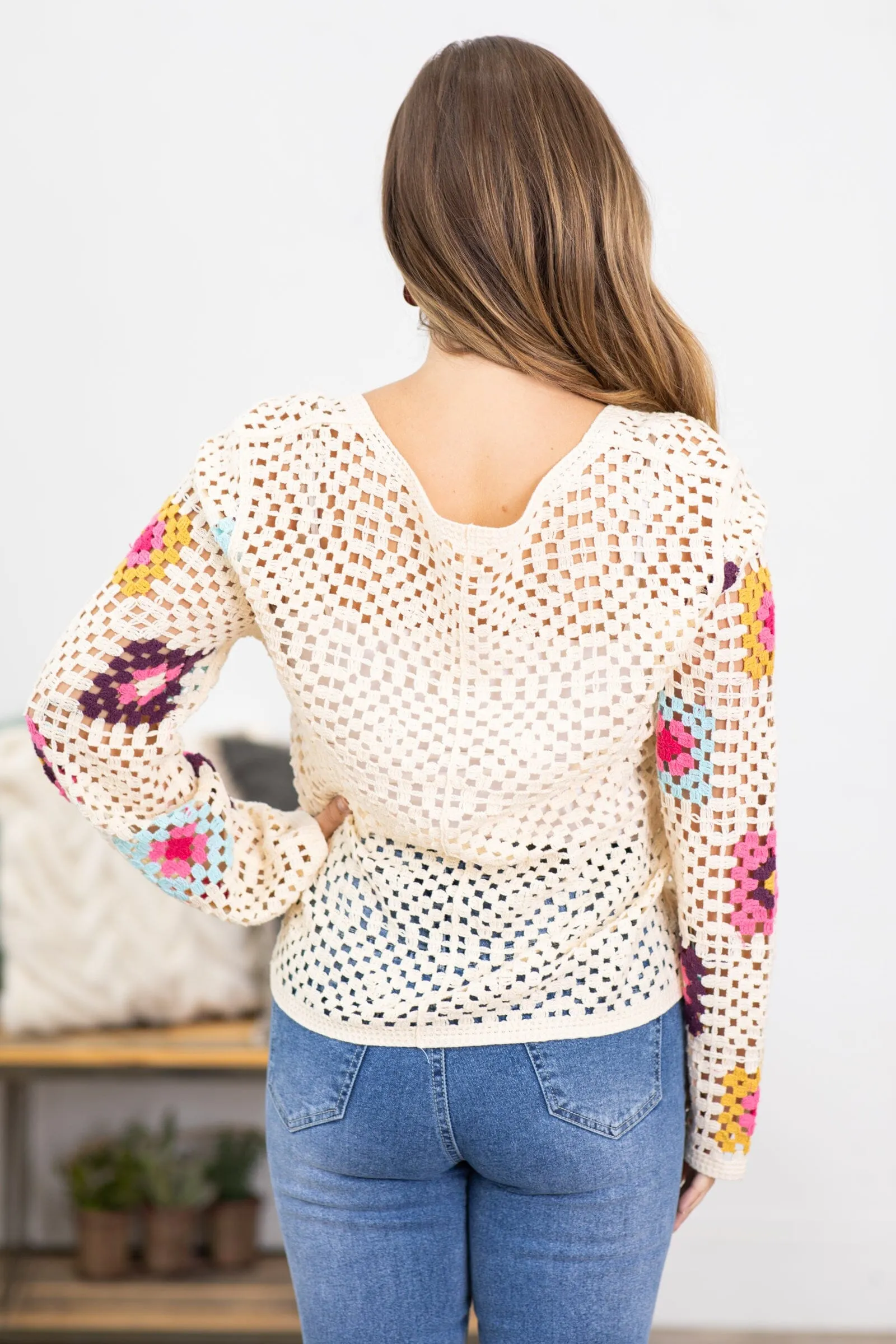 Ivory Multicolor Crochet Lightweight Sweater