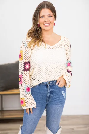 Ivory Multicolor Crochet Lightweight Sweater