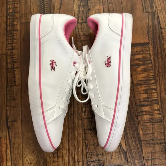 Lacoste Sneakers white with pink alligator and details kids sz 5.5 or EU 37.5