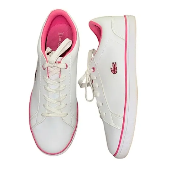Lacoste Sneakers white with pink alligator and details kids sz 5.5 or EU 37.5