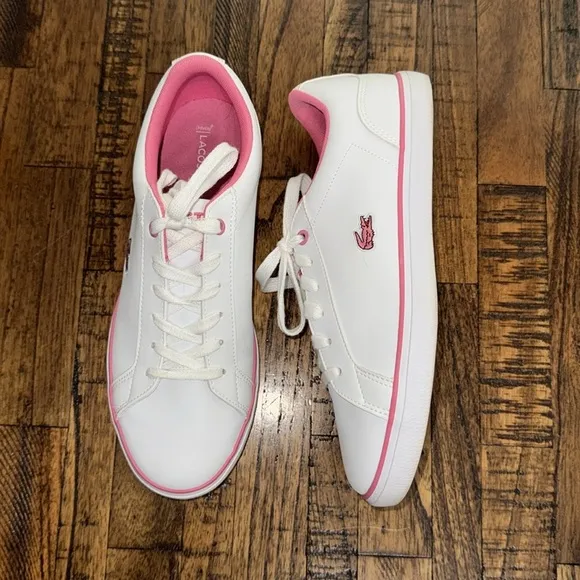 Lacoste Sneakers white with pink alligator and details kids sz 5.5 or EU 37.5