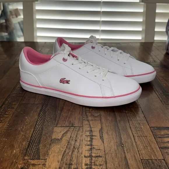 Lacoste Sneakers white with pink alligator and details kids sz 5.5 or EU 37.5