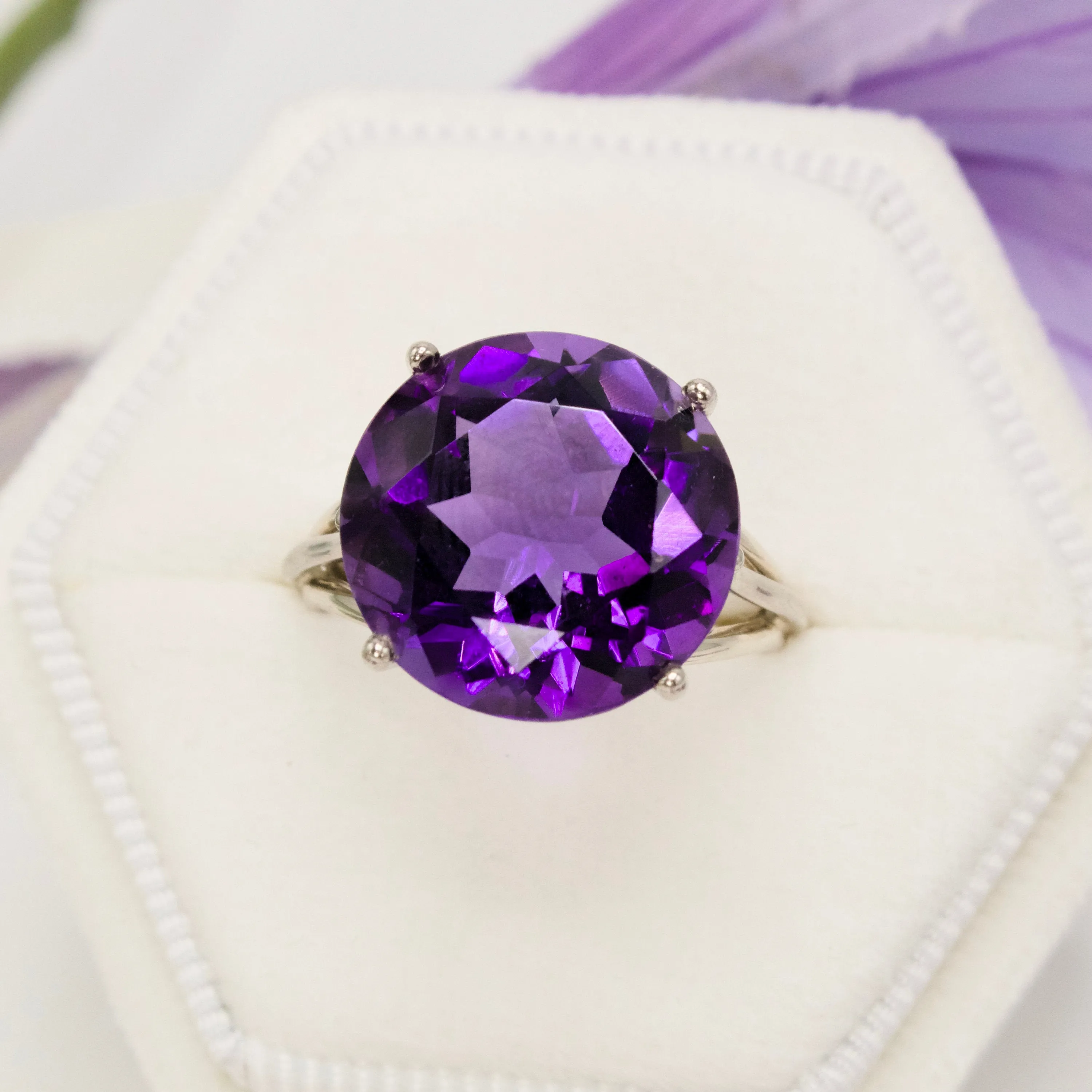 Large Round Cut Amethyst in White Gold Statement Ring