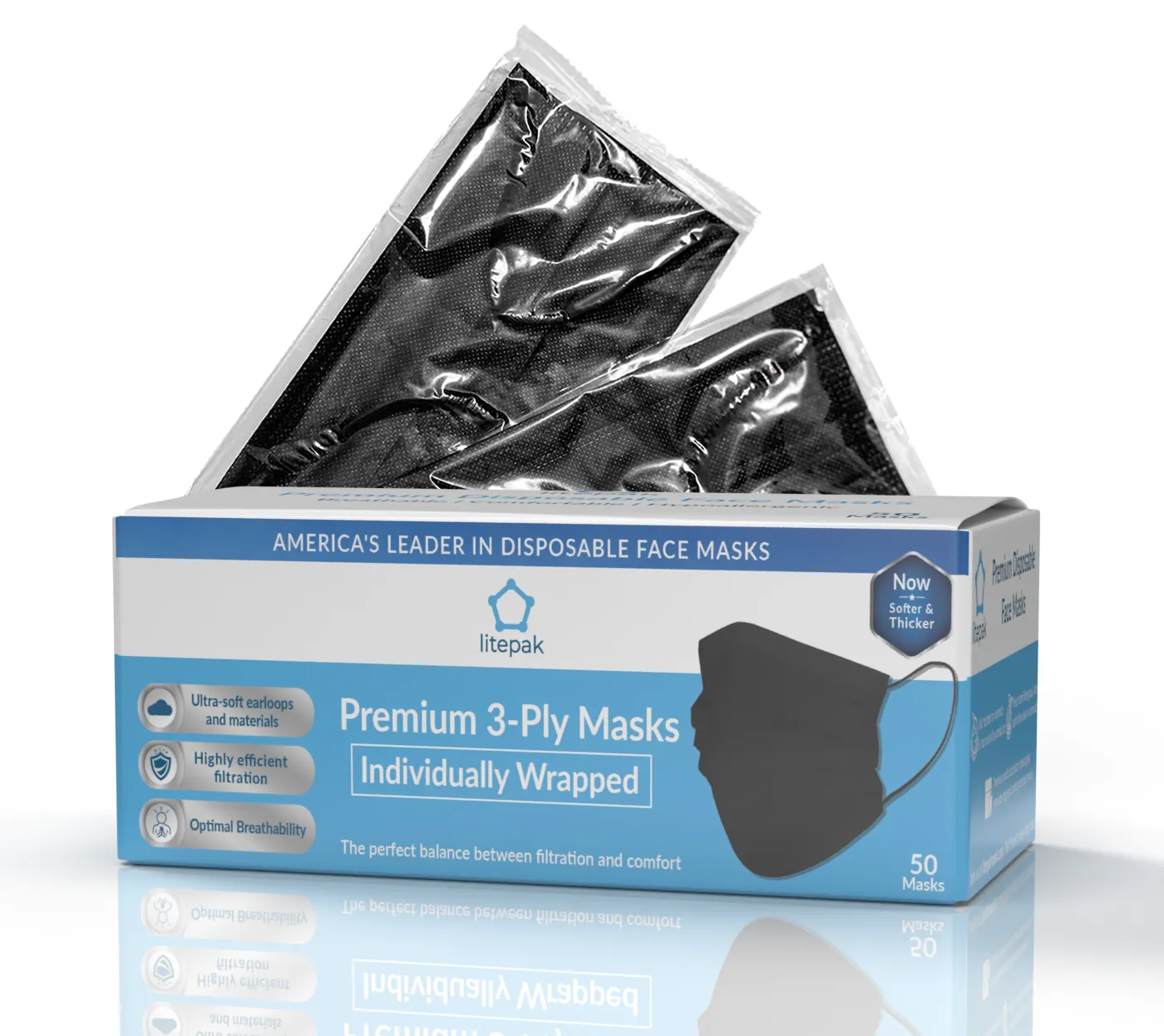 Litepak Premium Disposable Face Masks 3-Ply (50-Pack, Individually Wrapped)
