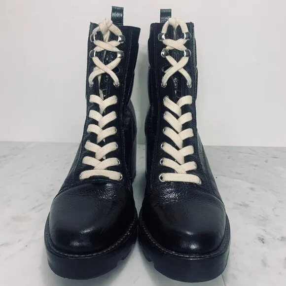 MARC FISHER LTD Lace Up Combat Boots Women 9 Black Chunky 3&quot; Lug Heel Moto VGUC
