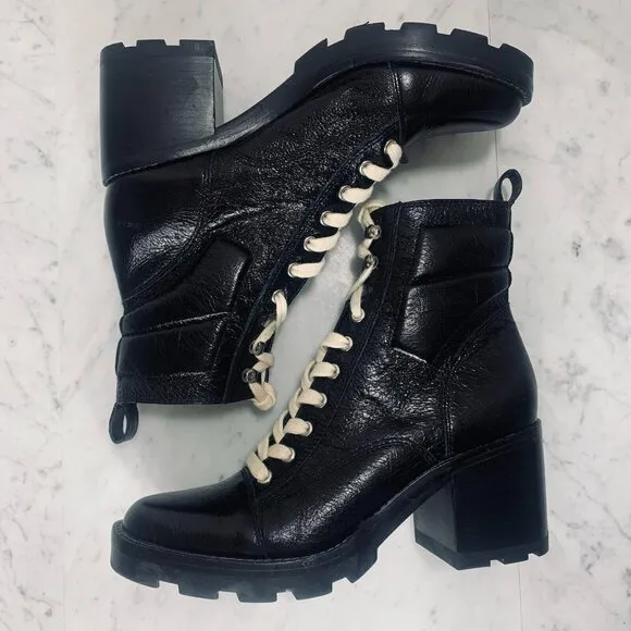 MARC FISHER LTD Lace Up Combat Boots Women 9 Black Chunky 3&quot; Lug Heel Moto VGUC