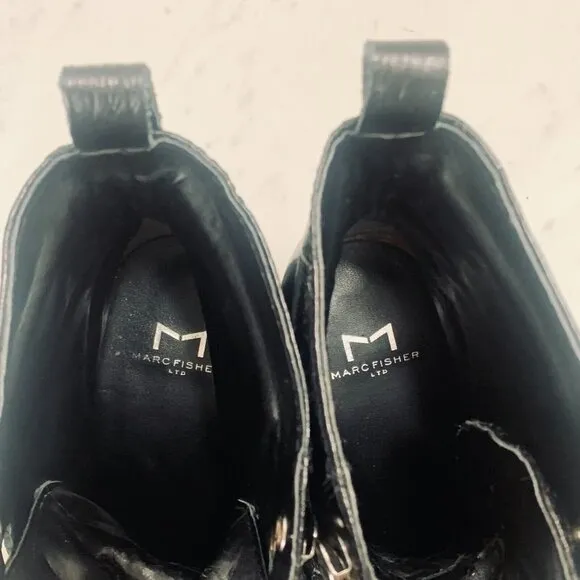 MARC FISHER LTD Lace Up Combat Boots Women 9 Black Chunky 3&quot; Lug Heel Moto VGUC