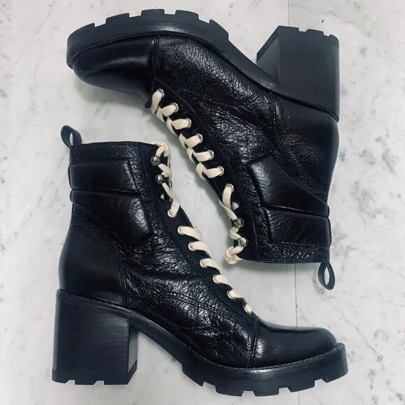 MARC FISHER LTD Lace Up Combat Boots Women 9 Black Chunky 3&quot; Lug Heel Moto VGUC