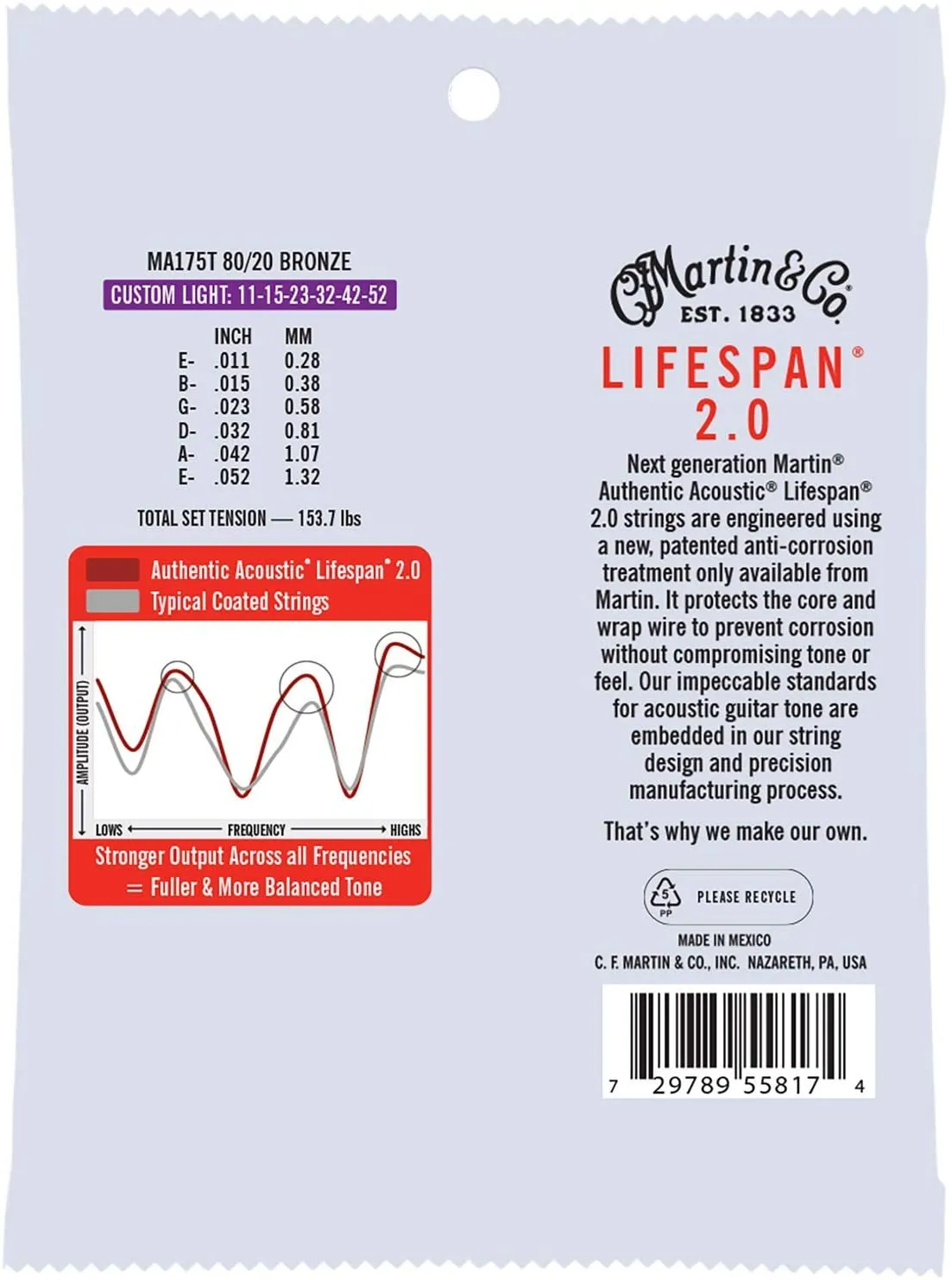 MARTIN MA175T CUSTOM LIGHT 11 - 52 BRONZE 80/20 AUTHENTIC ACOUSTIC LIFESPAN® 2.0 GUITAR STRINGS