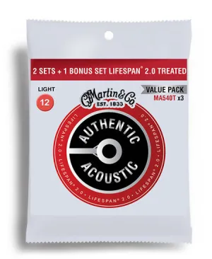 Martin Value Pack Authentic Acoustic Lifespan 2.0 Phosphor Bronze 92/8 Light Guitar String Set (12-54)