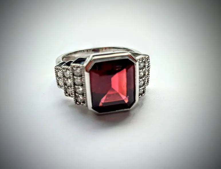 Men's 14K White Gold Garnet and Diamond Ring