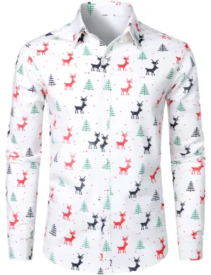 Men's Christmas Tree Elk Print Breathable White Long Sleeve Shirt