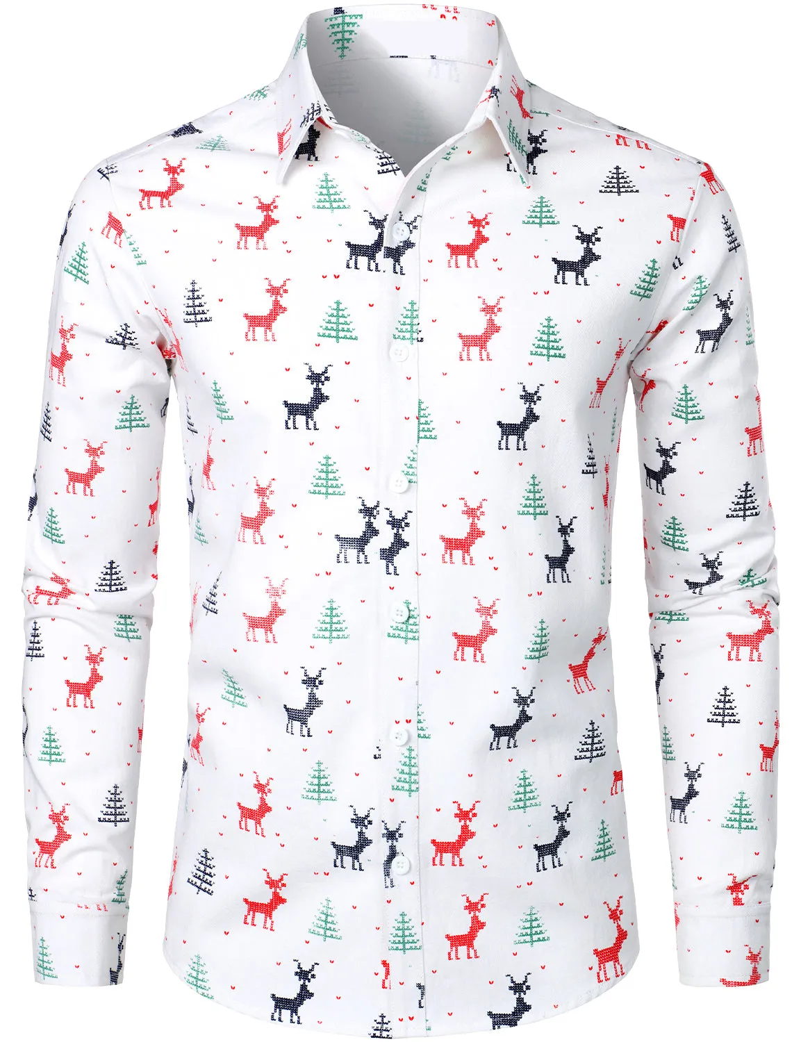 Men's Christmas Tree Elk Print Breathable White Long Sleeve Shirt