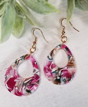 Open Teardrop Acrylic Pink/Teal/White Earrings