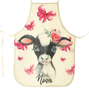 Personalised Canvas Apron with Cow Pink Bows and Name Design