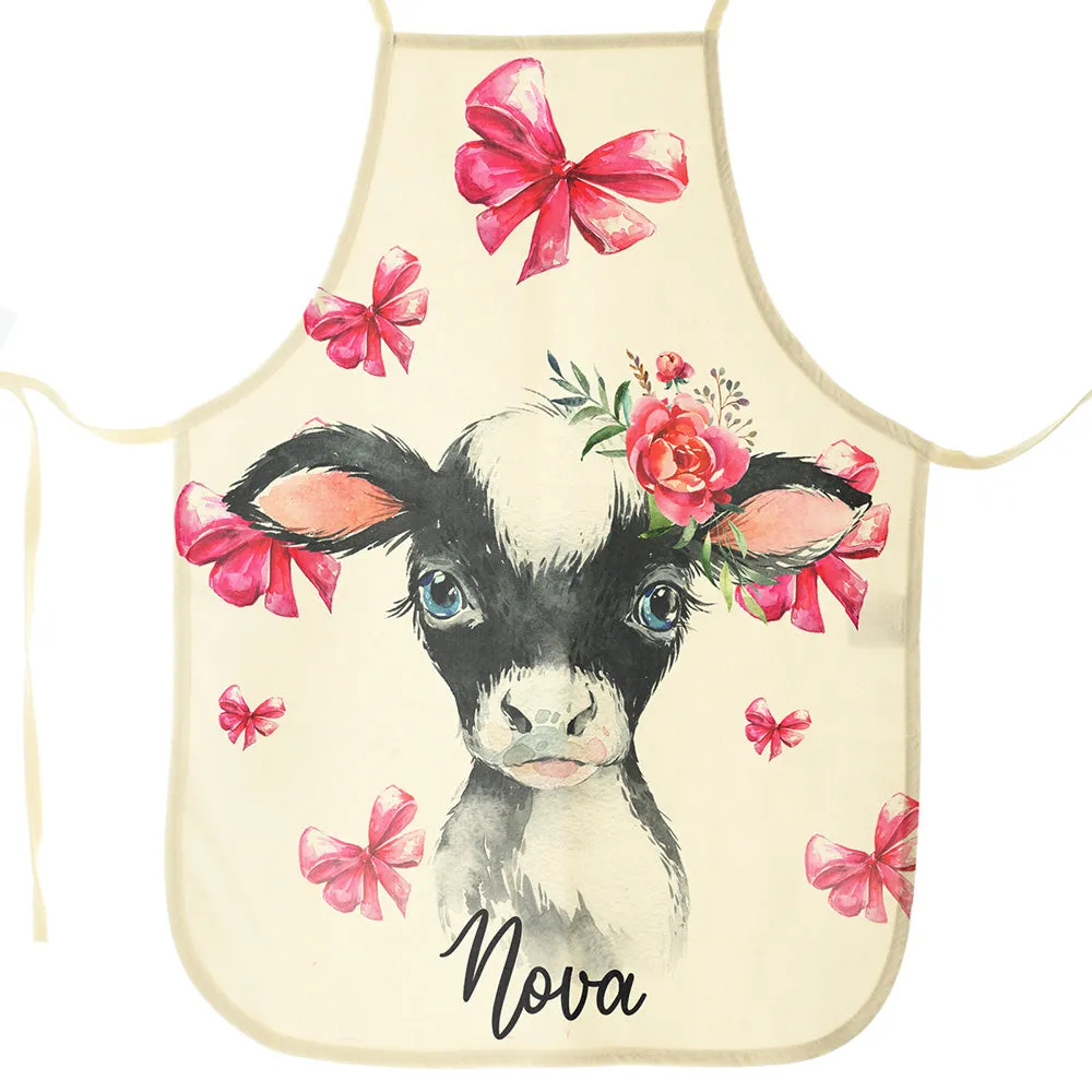 Personalised Canvas Apron with Cow Pink Bows and Name Design