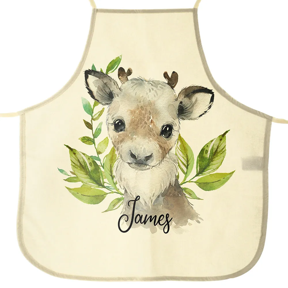 Personalised Canvas Apron with Reindeer Green Leaf and Name Design