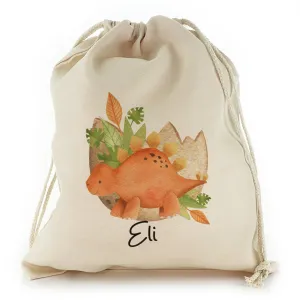 Personalised Canvas Sack with Name and Orange Stegosaurus